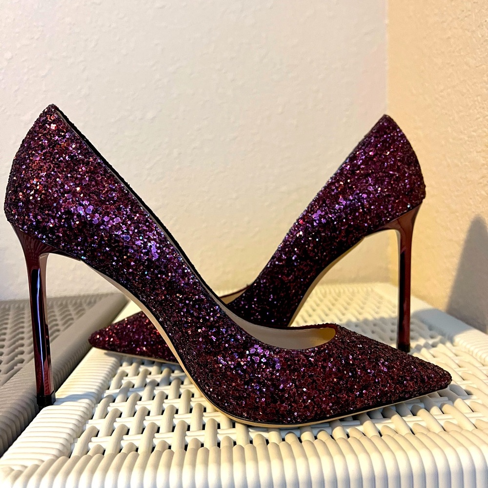 JIMMY CHOO BURGUNDY GLITTER PUMPS